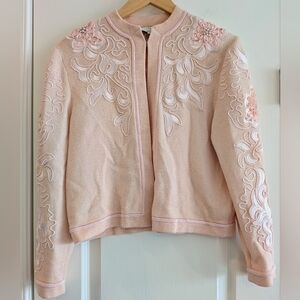 St John Evening Pearl Ribbon Floral Embroidered Peach Pink Knit Cardigan Size 8